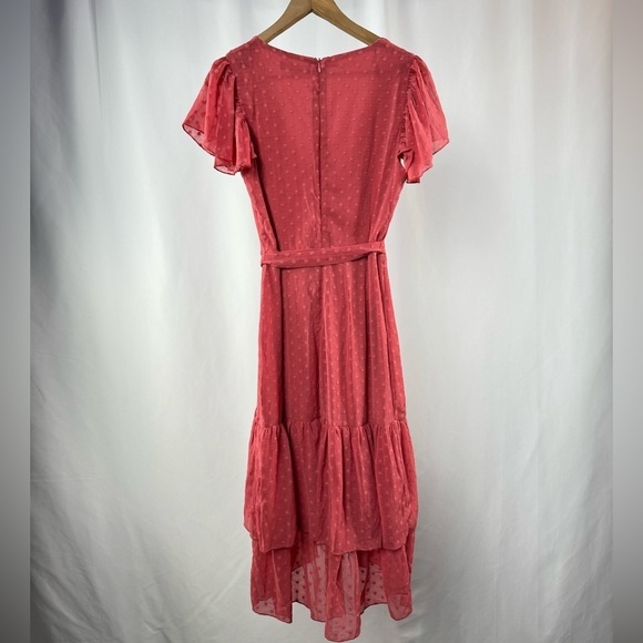 Lulus Have Harmony Swiss Dot Ruffled Faux Wrap Midi Dress in Mauve Size Medium - Picture 7 of 12